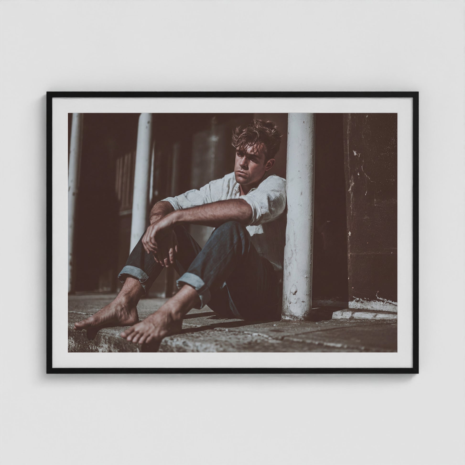 Contemplative Male Portrait in Soft Neutral Tones 48x36 Black Box Frame Mockup
