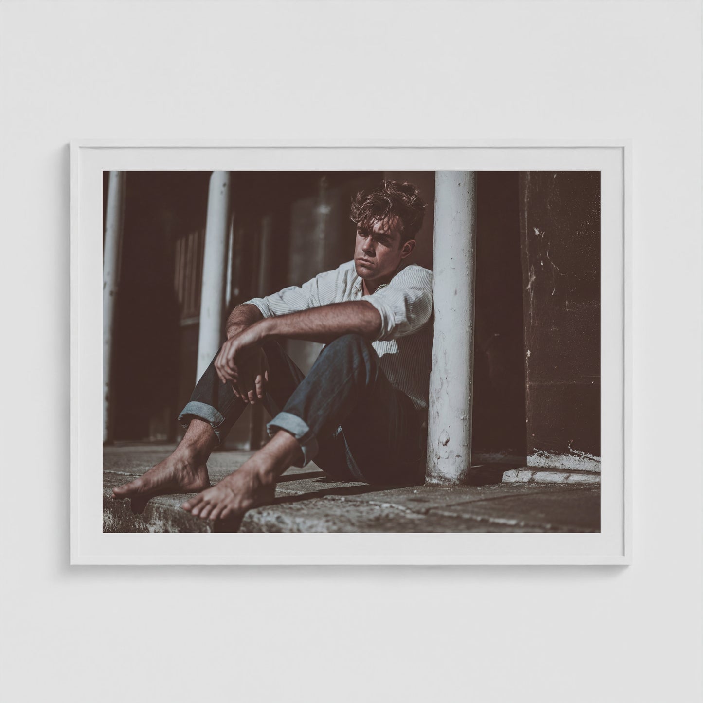 Contemplative Male Portrait in Soft Neutral Tones 48x36 White Box Frame Mockup