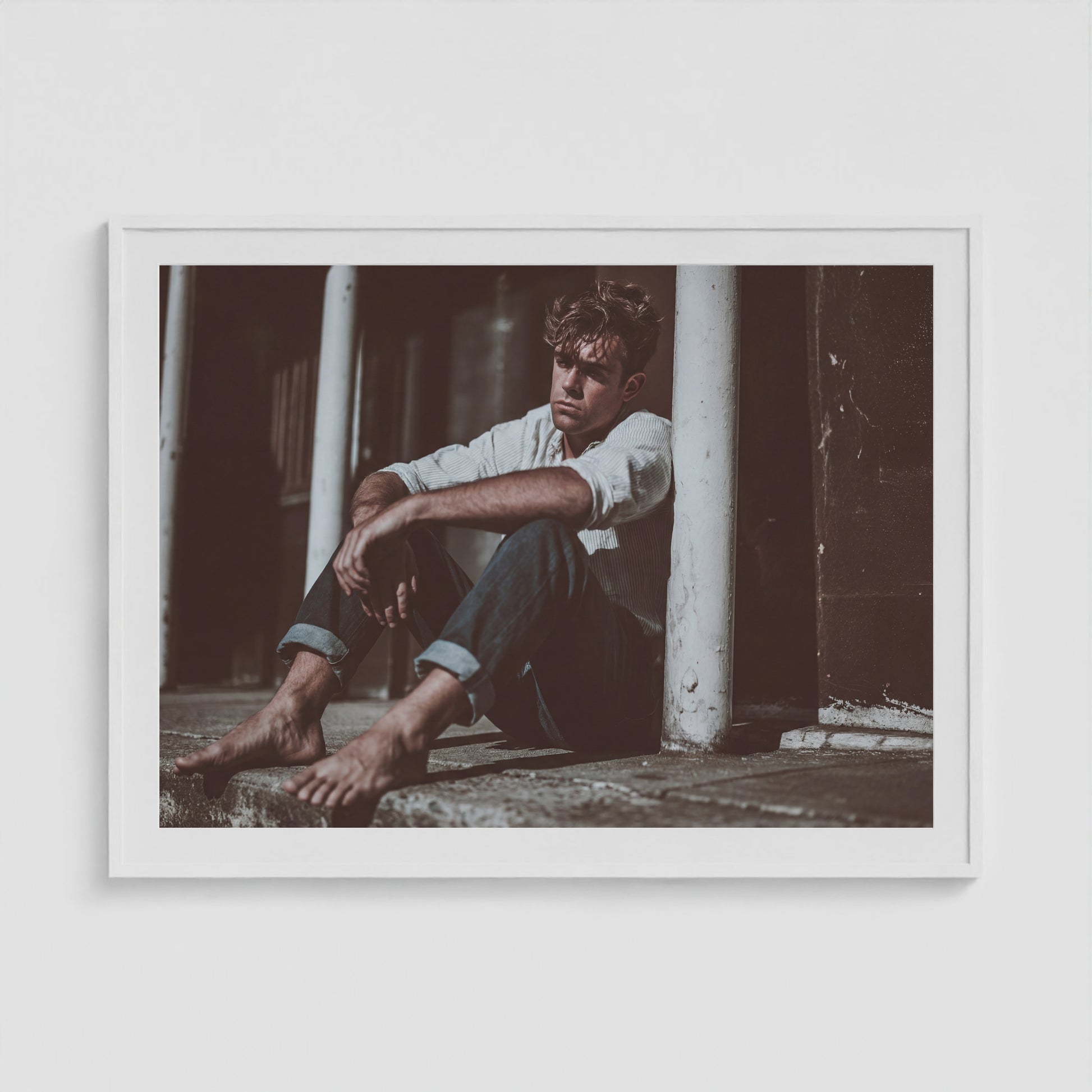 Contemplative Male Portrait in Soft Neutral Tones 48x36 White Box Frame Mockup