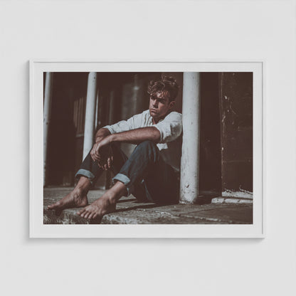 Contemplative Male Portrait in Soft Neutral Tones 48x36 White Box Frame Mockup