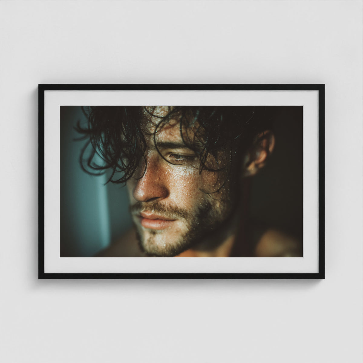 Contemplative Male Portrait with Glistening Wet Skin 36x24 Black Box Frame Mockup
