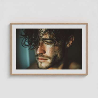 Contemplative Male Portrait with Glistening Wet Skin 36x24 Natural Box Frame Mockup