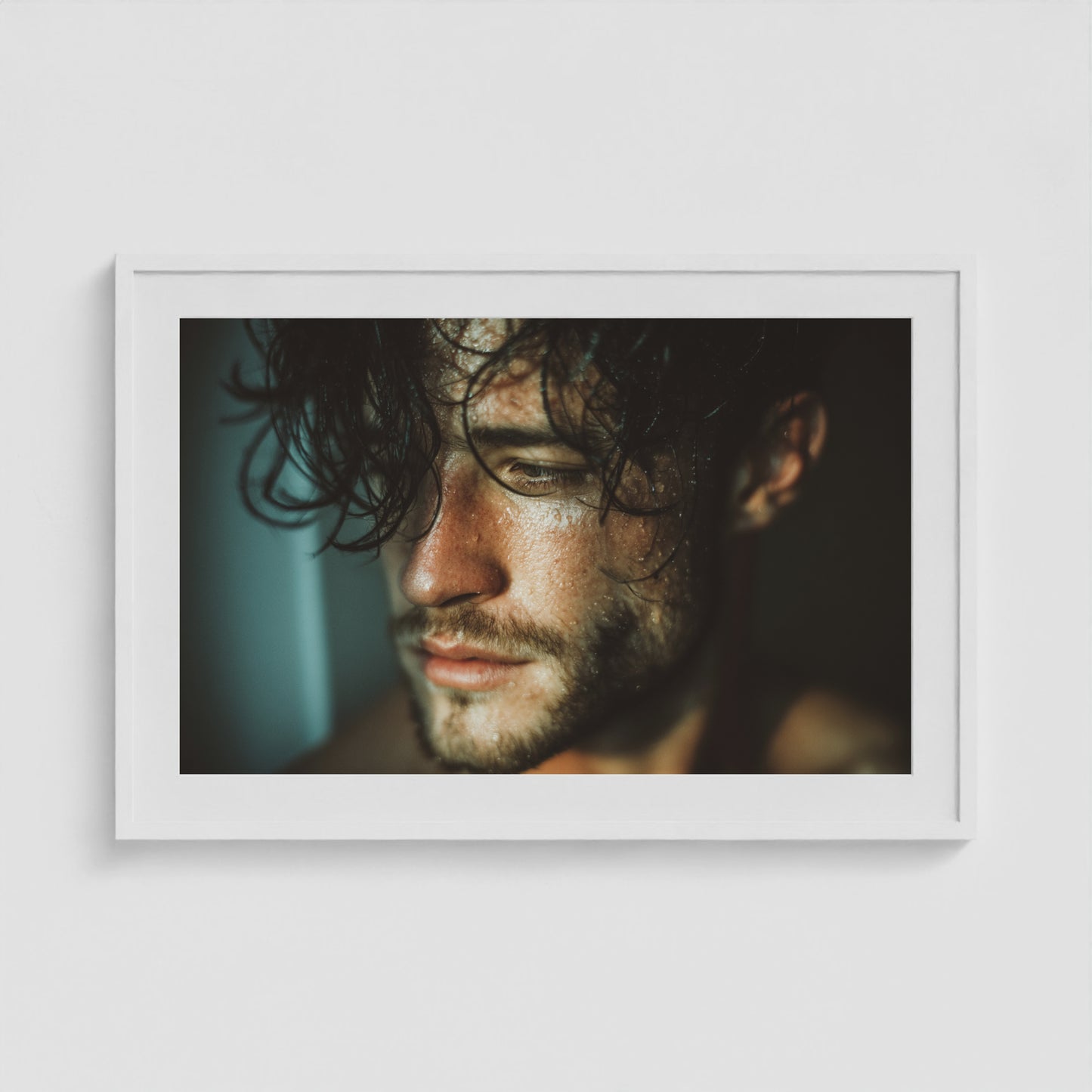 Contemplative Male Portrait with Glistening Wet Skin 36x24 White Box Frame Mockup