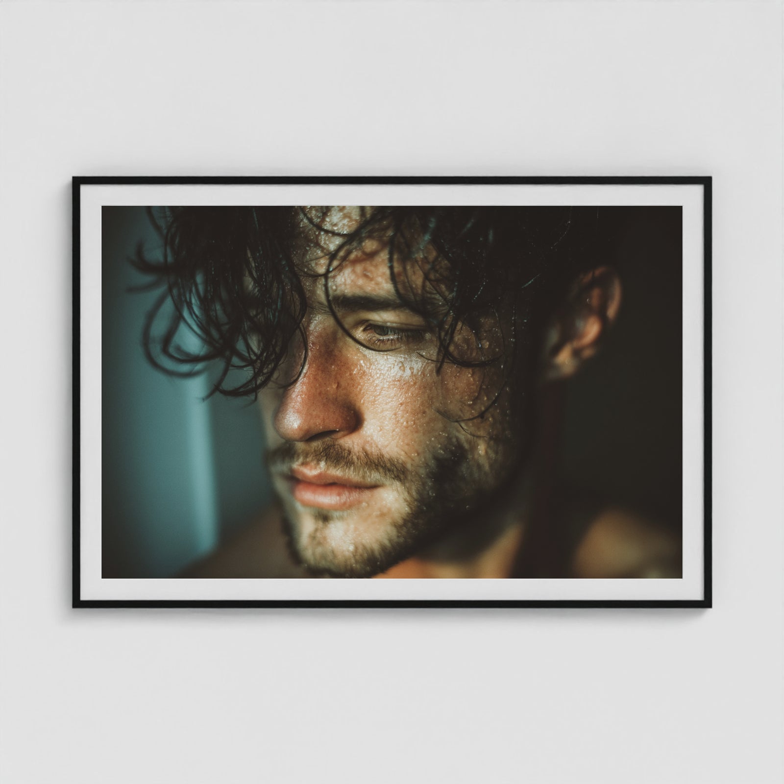 Contemplative Male Portrait with Glistening Wet Skin 60x40 Black Box Frame Mockup
