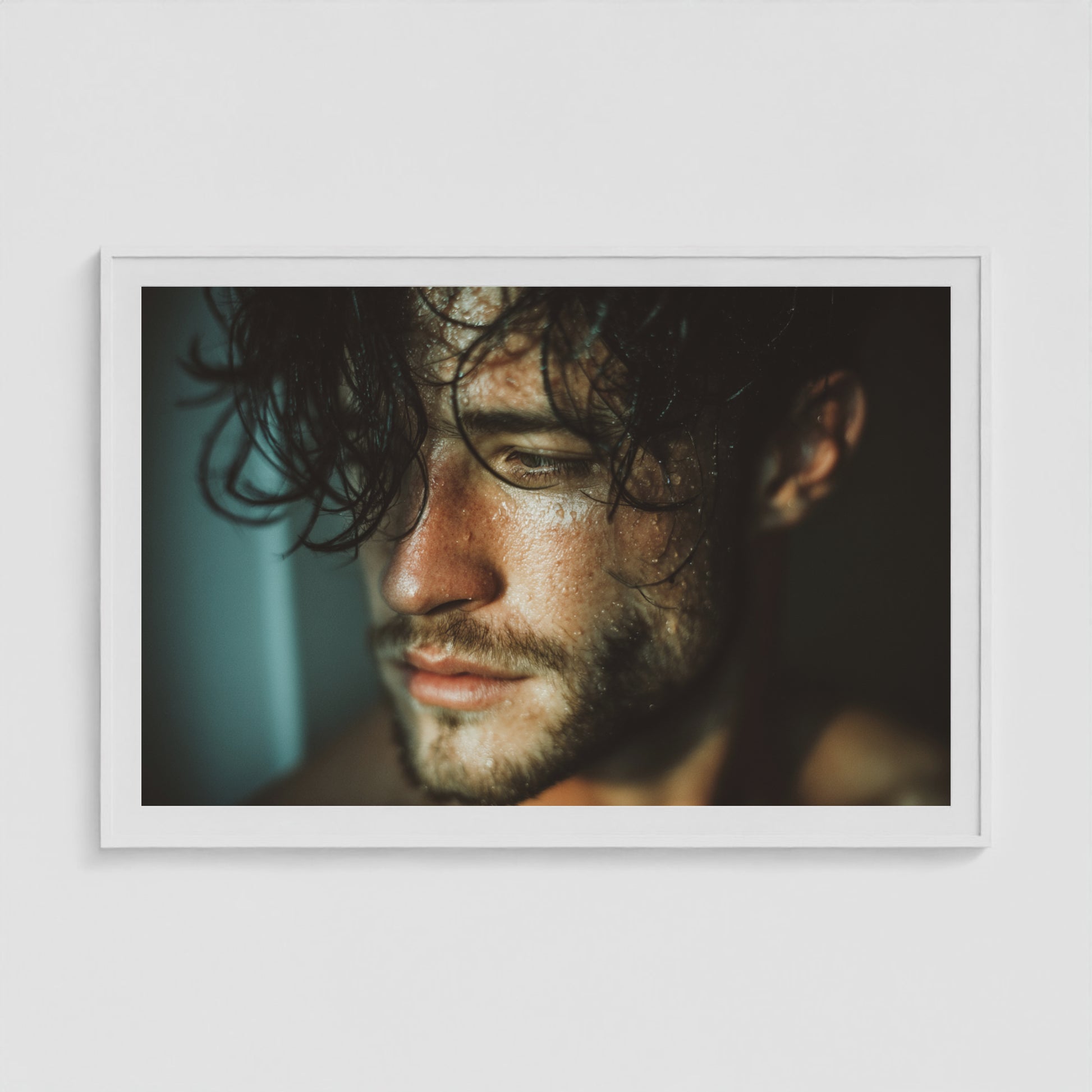 Contemplative Male Portrait with Glistening Wet Skin 60x40 White Box Frame Mockup