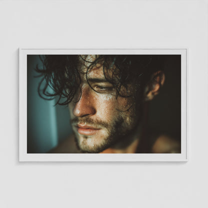 Contemplative Male Portrait with Glistening Wet Skin 60x40 White Box Frame Mockup
