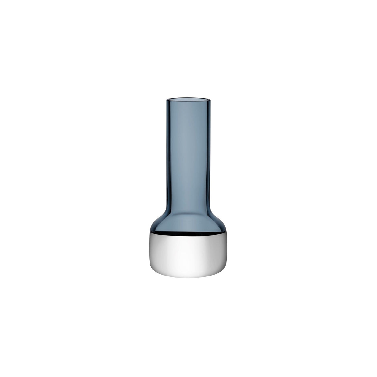 Minimalist mouth-blown glass bud vase in steel blue against a neutral background.