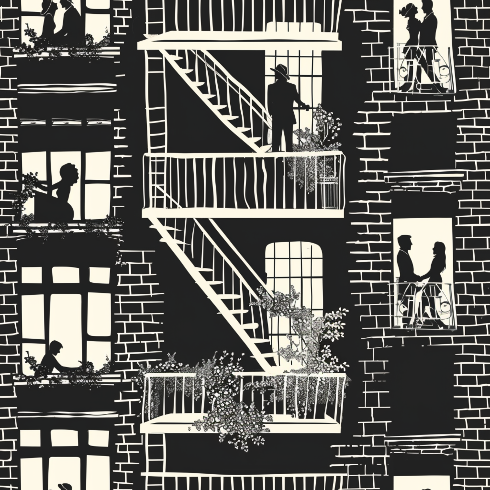 Close-up illustration of the cowboy-hatted figure motif from the wallpaper design