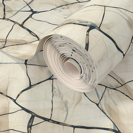 Detailed view of the woven natural grass cloth texture of the Crackled Porcelain wallpaper.