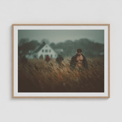 Farmhouse at Dusk 48x36 Natural Landscape Box Frame
