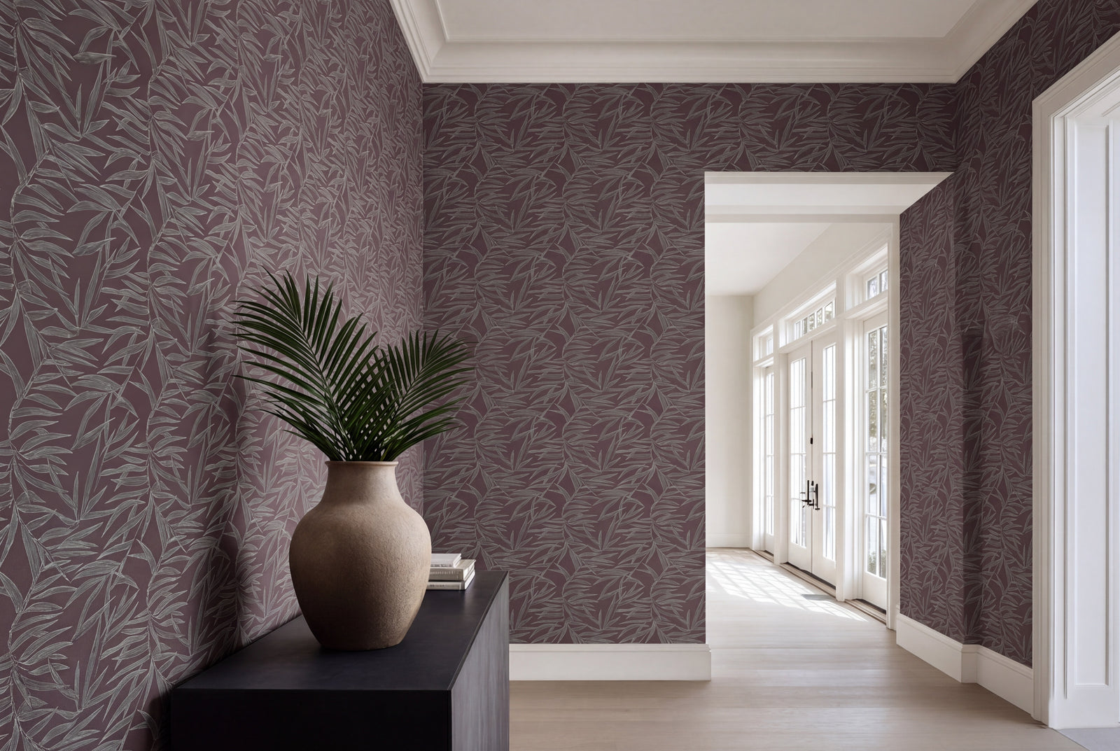 Fawn colorway of the botanical bamboo leaf wallpaper with soft warm taupe tones.