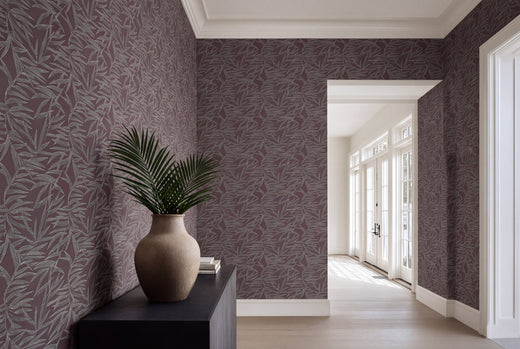 Fawn colorway of the botanical bamboo leaf wallpaper with soft warm taupe tones.
