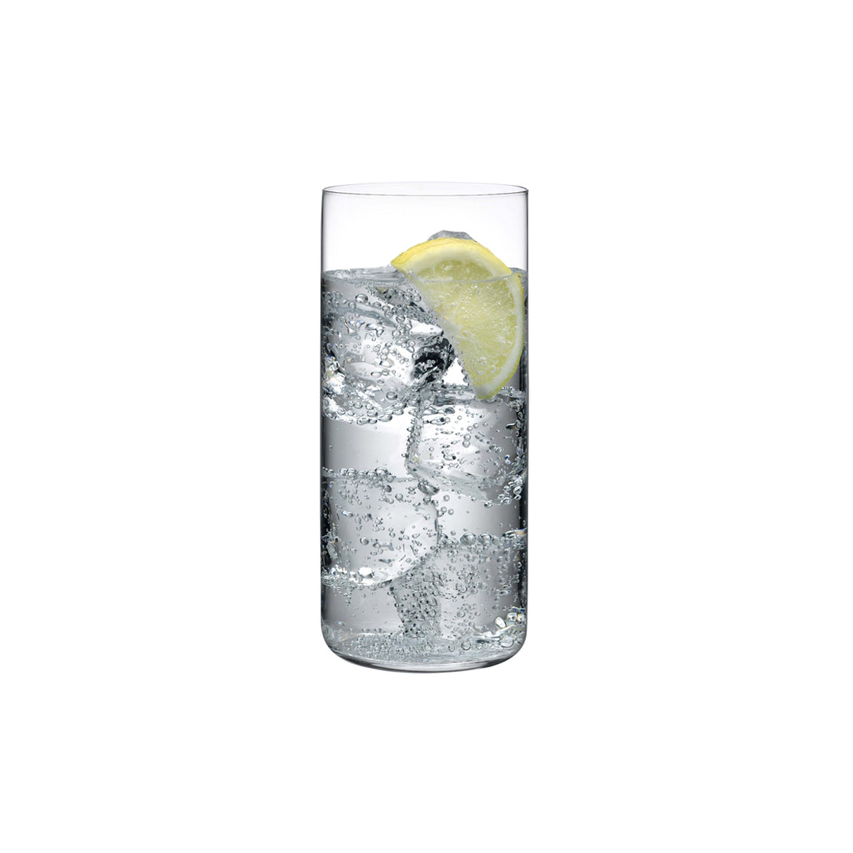Minimalist crystal highball glass showing its tall, clear silhouette against a plain background.