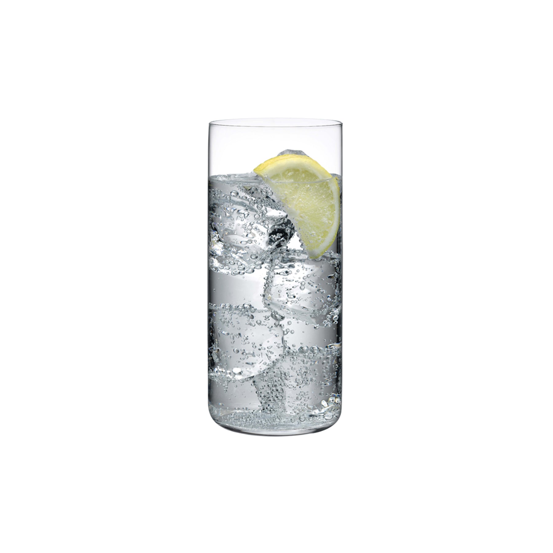 Minimalist crystal highball glass showing its tall, clear silhouette against a plain background.