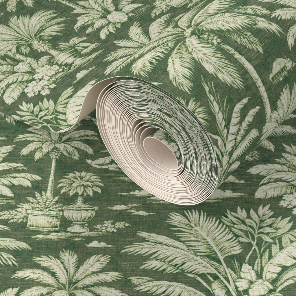 Natural fiber weave detail on Palmy Weather Green grass cloth wallpaper.