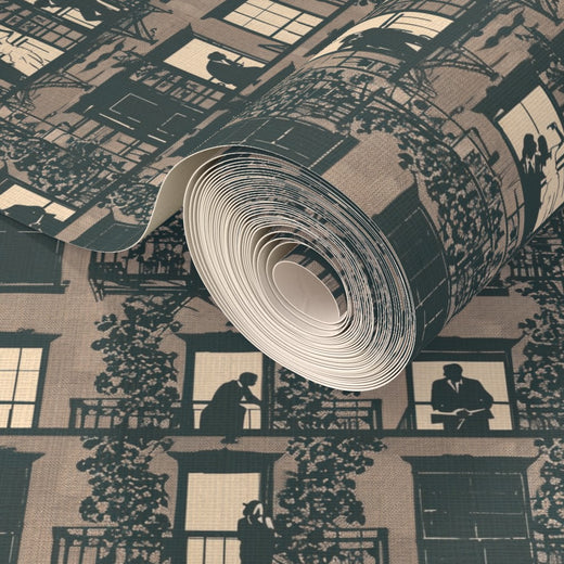 Close-up detail showing the texture of Taupe grass cloth wallpaper.