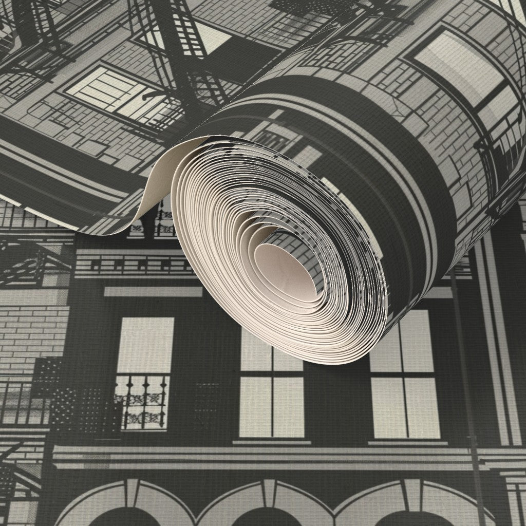 Subtle blue-gray hues of the Arctic cityscape wallpaper on organic grasscloth backing
