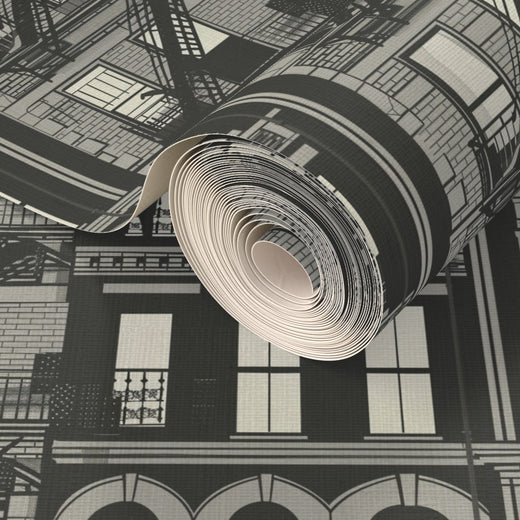 Subtle blue-gray hues of the Arctic cityscape wallpaper on organic grasscloth backing