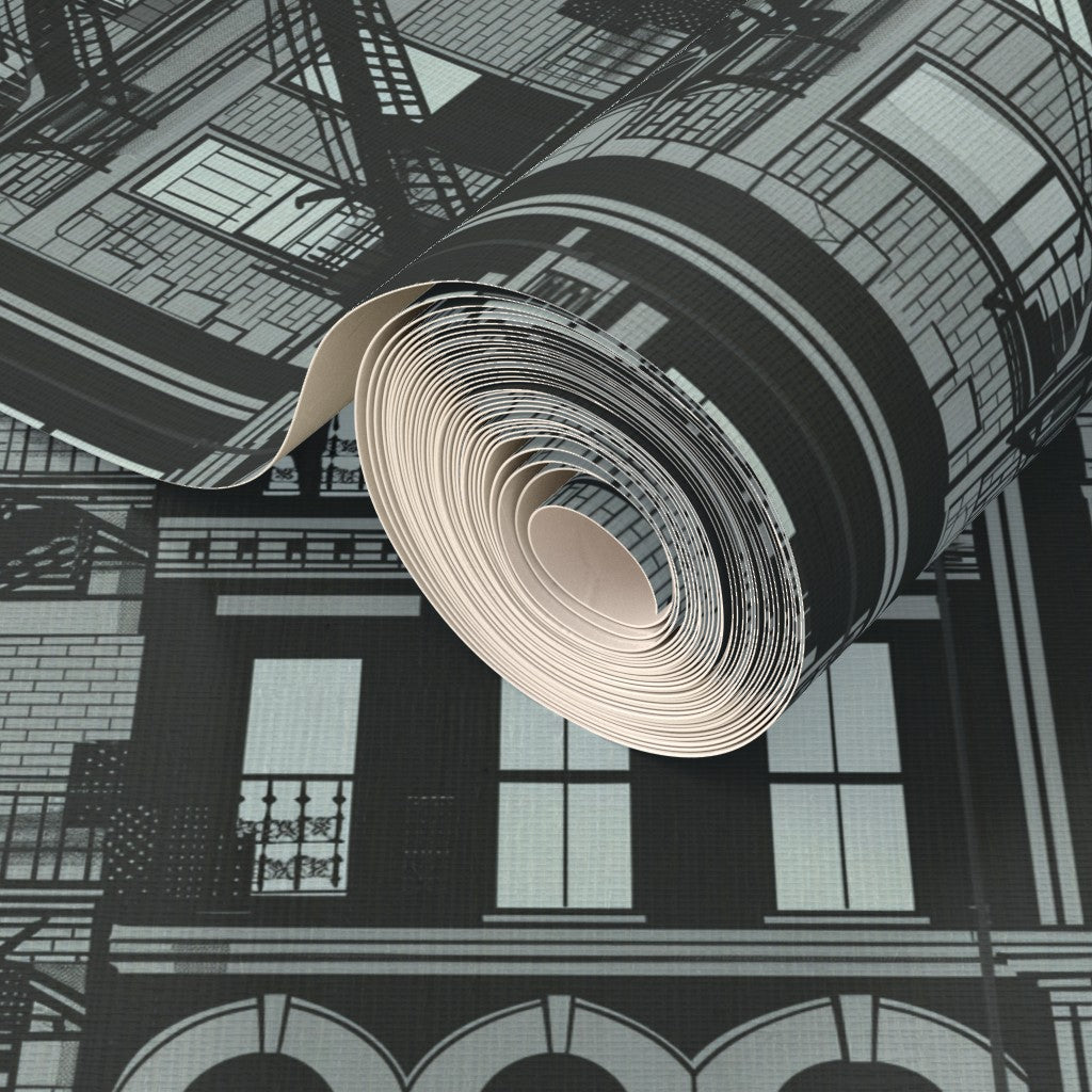 Alternate view of the artisanal cityscape pattern printed on grasscloth substrate