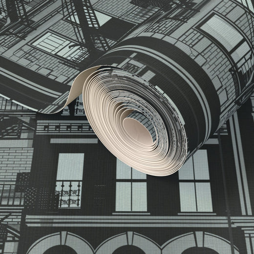 Alternate view of the artisanal cityscape pattern printed on grasscloth substrate