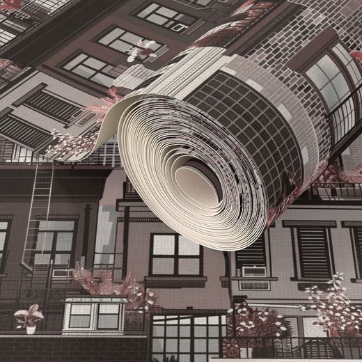 Close-up of the textured grass cloth backing with the Oxblood rooftop print.