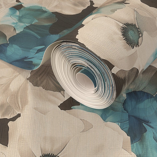Full roll view of Sheer Peonies grasscloth wallpaper in the warm Hazel colorway.