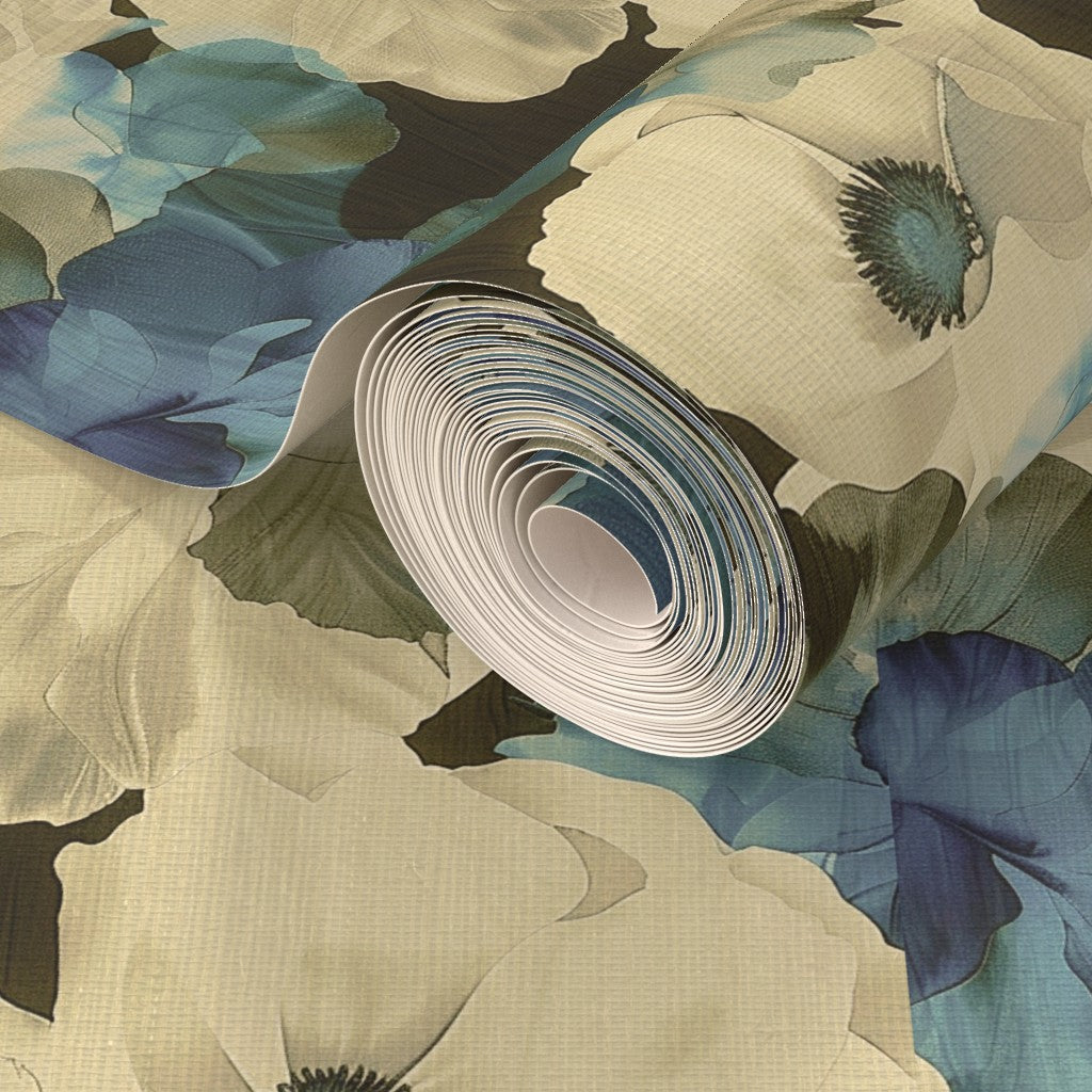 Roll profile of Sheer Peonies wallpaper in Latte grasscloth finish.