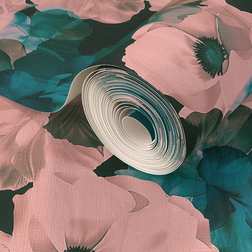 Full roll layout of Sheer Peonies grasscloth wallpaper in rich Sangri.