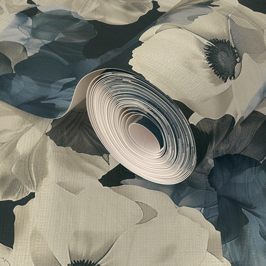Roll segment of Sheer Peonies grasscloth wallpaper in cool Nordic Scandi.