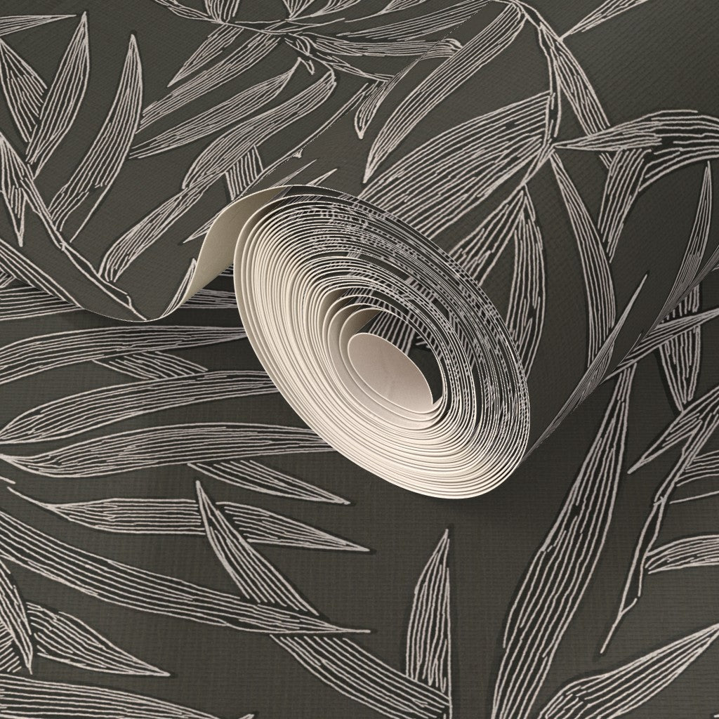 Textured grasscloth surface on Steel grey botanical bamboo wallpaper.