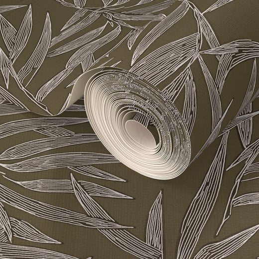 Textured grasscloth surface on organic pewter bamboo patterned wallpaper.