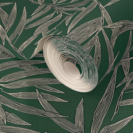 Textured surface detail of the Emerald green Bamboo grasscloth wallpaper.