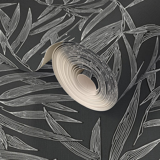 Organic grasscloth texture and pattern detail on Smoke bamboo wallpaper.