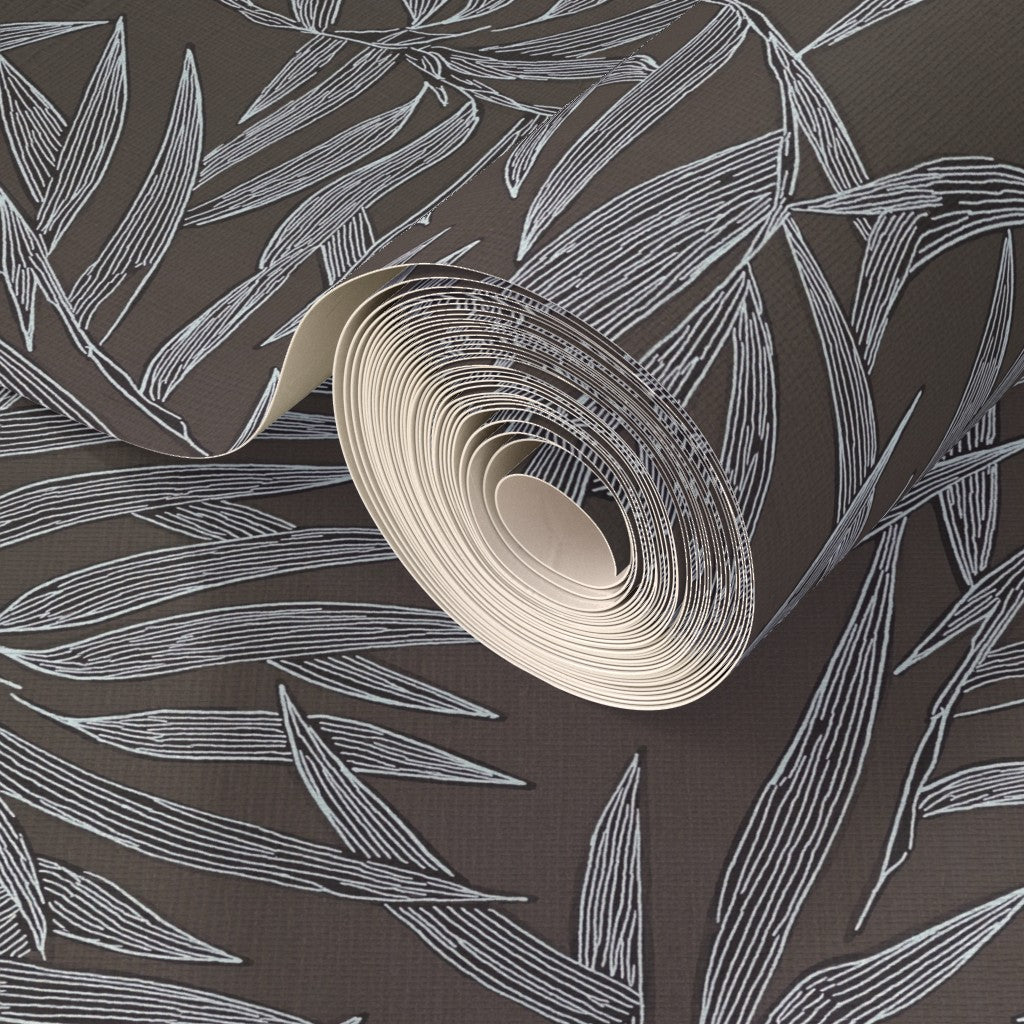 Woven grasscloth texture detail on Taupe bamboo pattern wallpaper.
