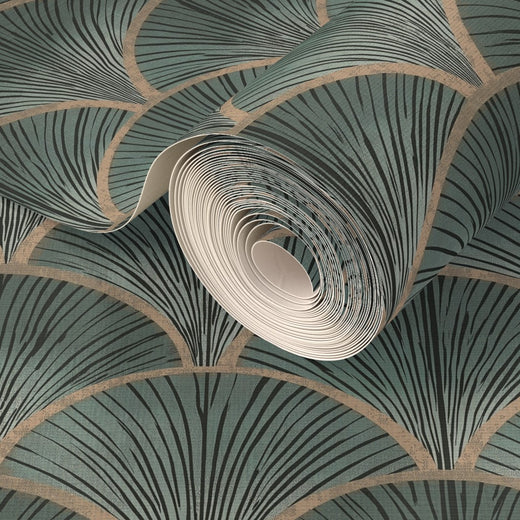 Close-up of teal fish scale wallpaper printed on textured natural grass cloth.