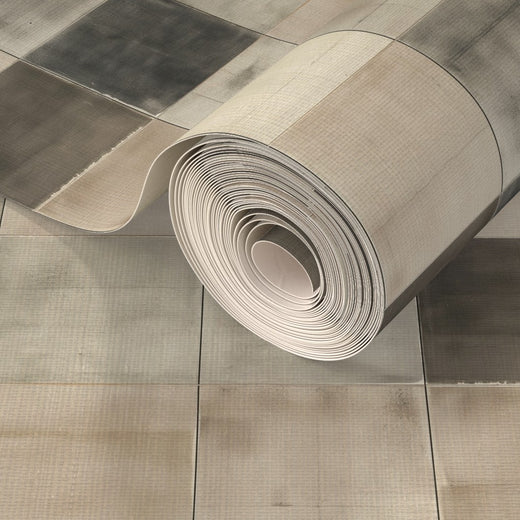 Close-up showing the organic fibers of grass cloth patina tile wallpaper