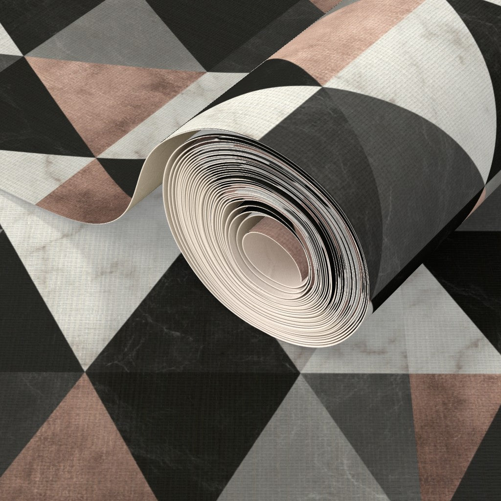 Textured surface of the geometric marble tile pattern on organic woven grass cloth backing.