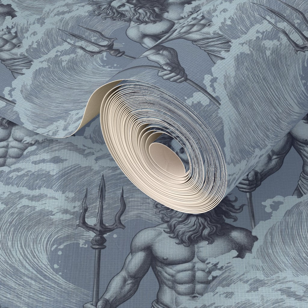 Textured surface detail of Neptune classical wallpaper on premium Aegean blue grasscloth.