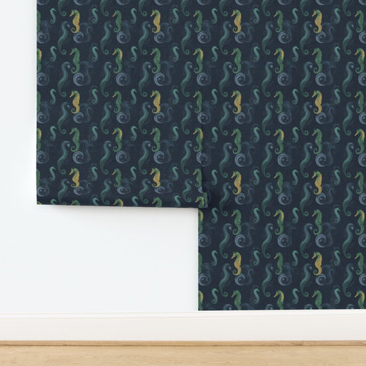 Sea Horse wallpaper printed on organic textured grasscloth, showcasing the natural woven fibers.