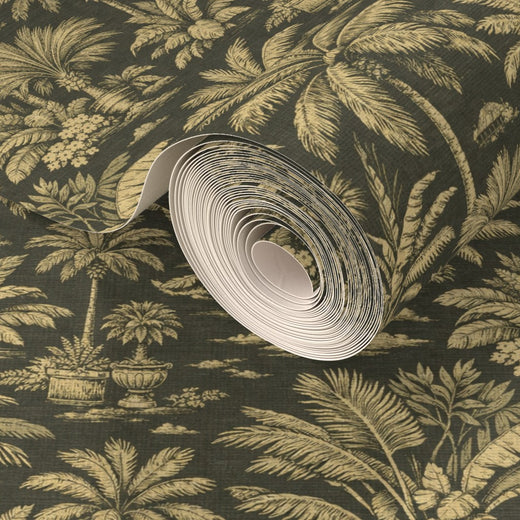 Close-up of exotic bird and palm motif on textured Amber grass cloth wallpaper.