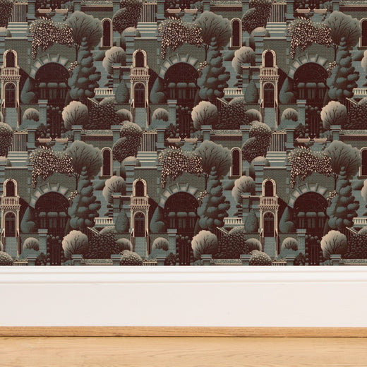 Close-up of rich green grass cloth weave on Uptown Forest Wallpaper