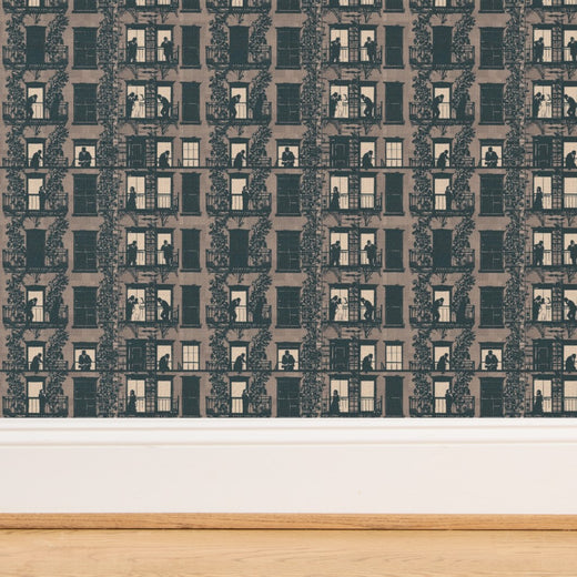 Woven grass cloth fibers highlighted on Taupe wallpaper.