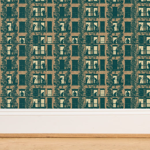 Detailed woven grain of the Adobe grass cloth wallpaper substrate.