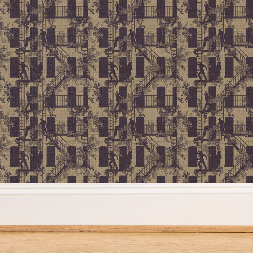 Angled view showcasing the organic weave of the Bronze grass cloth narrative wallpaper.