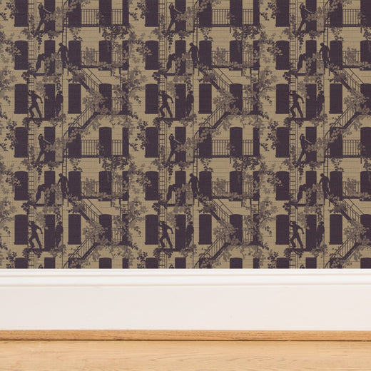 Angled view showcasing the organic weave of the Bronze grass cloth narrative wallpaper.