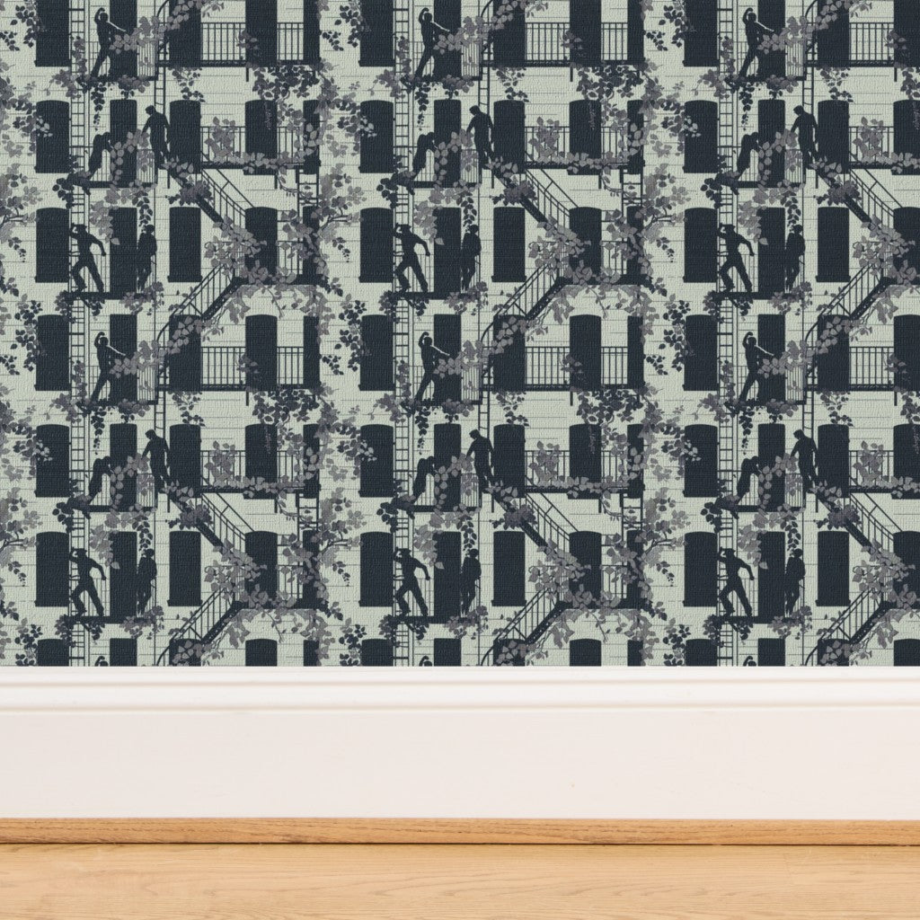 Tactile organic texture of Mint Greenwich Village wallpaper on natural grass cloth substrate.