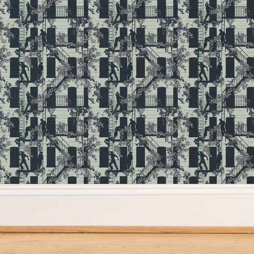 Tactile organic texture of Mint Greenwich Village wallpaper on natural grass cloth substrate.