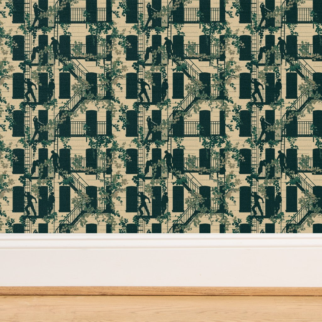 Close-up of the tactile grass cloth substrate featuring the Cream street scene wallpaper.