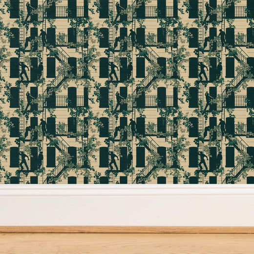 Close-up of the tactile grass cloth substrate featuring the Cream street scene wallpaper.
