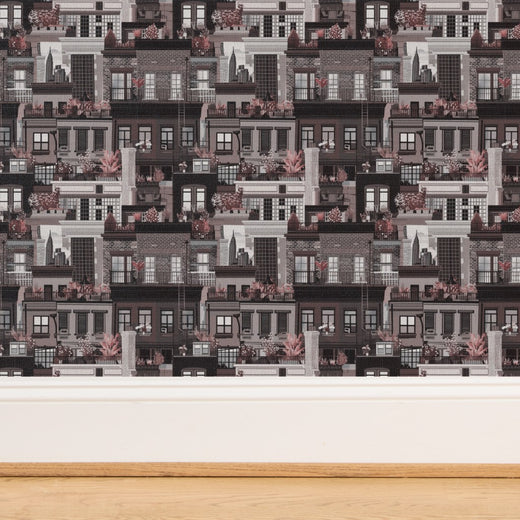 Detail of the woven natural grass cloth backing on the Oxblood wallpaper.